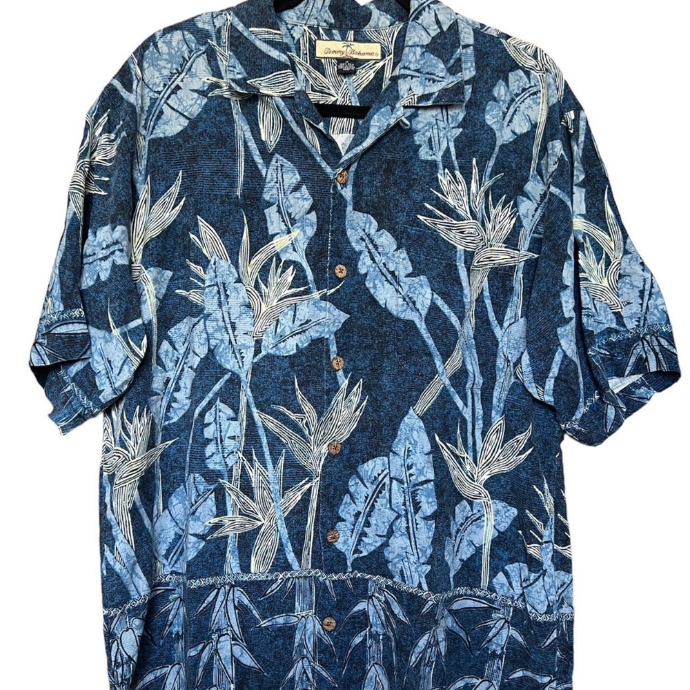 Tommy Bahama navy floral aloha shirt with coconut buttons